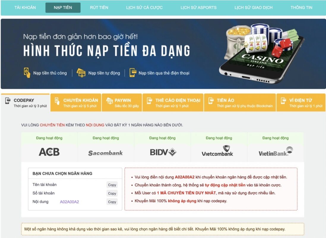 Bạn có thể nạp tiền vào tài khoản ngoại tuyến thông qua trang web chính thức của Betvip - Betvip